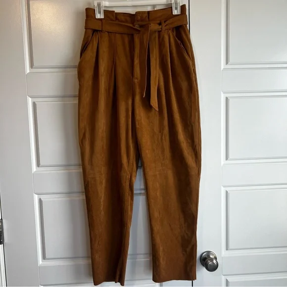 Free People Nightfall Brown High-Waisted Vegan Suede Pants with Tie Waist Sz 4 - Picture 2 of 14